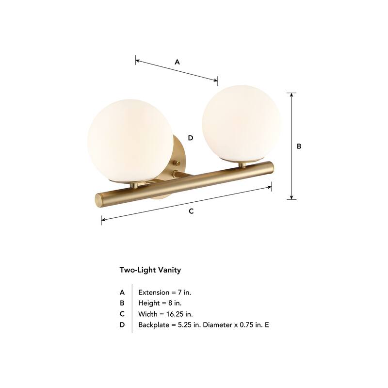 Crown Heights 16 in. 2-Light Brushed Gold Vanity LIght with White Art Glass Shades - 16.25