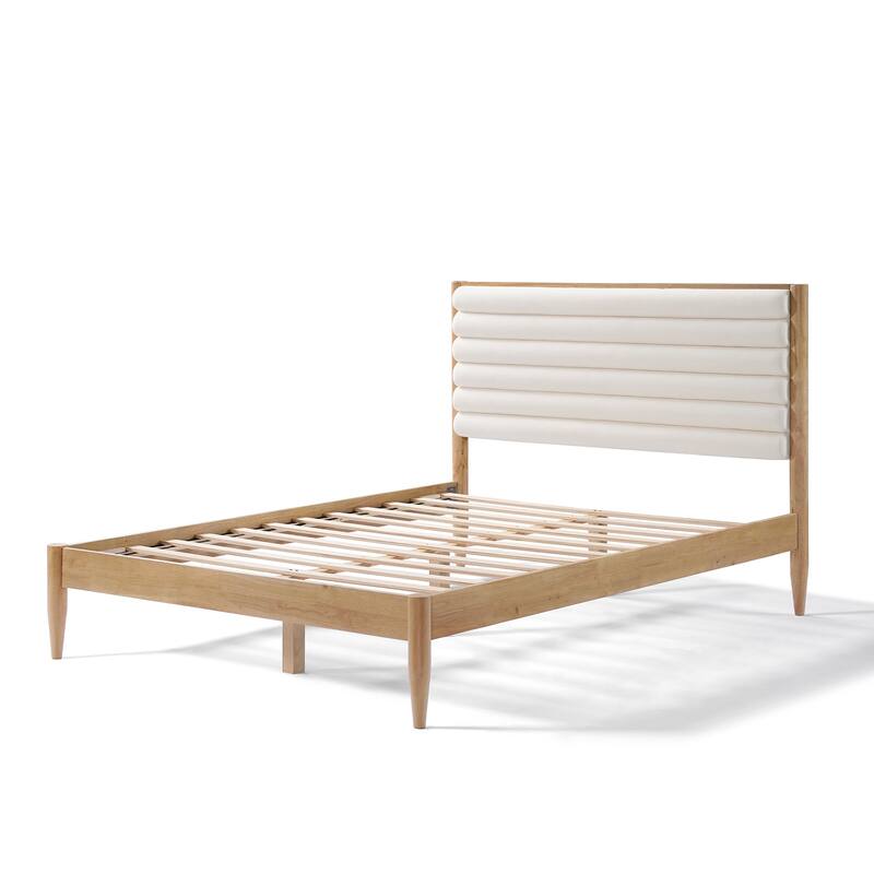 Wood Bed Frame with Upholstered Headboard Queen Size Platform with Slat Support Mattress Foundation No Box Spring Needed,Ivory