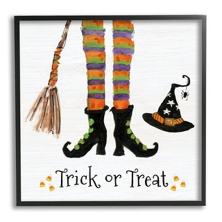 Stupell Trick Or Treat Phrase Whimsical Striped Witch Socks Framed Wall ...