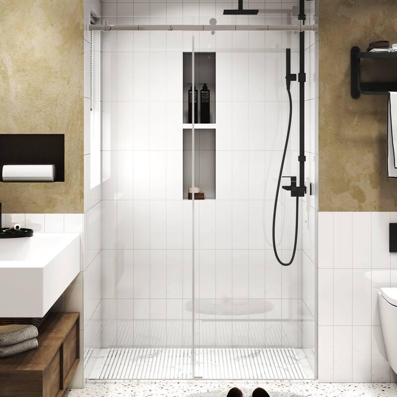FELYL 44-48" W × 76" H Single Sliding Frameless Shower Door with Heat Soaking Process and Protective Coating Clear Glass