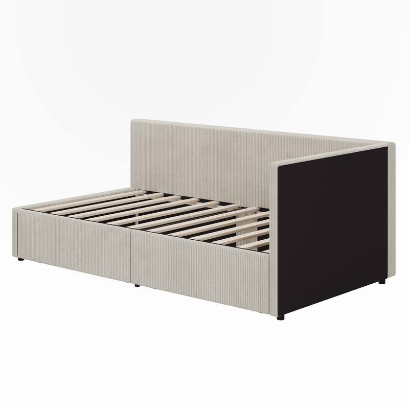Twin Size L Shape Corner Bed, Corduroy Upholstered Daybed with Two Storage Drawers and Vertical Striped Design