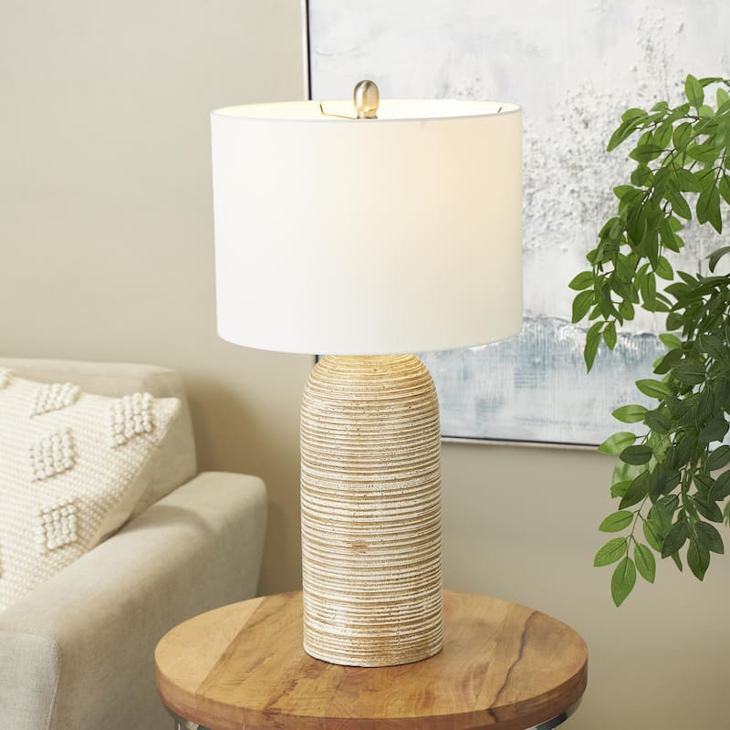 Brown Wood Room Table Lamp with White Drum Shade - Brown