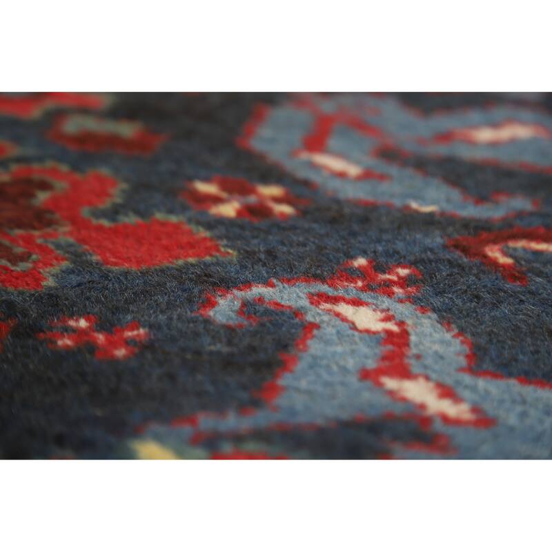 Hand Knotted Oriental 100% Wool Carpet Traditional Geometric Navy Blue & Blues Heriz Runner Rug - 15' 7'' X 3' 5''