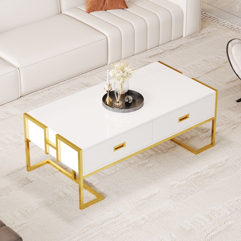 Modern Rectangular Coffee Table with 4 Drawers and Gold Base in 47.3"