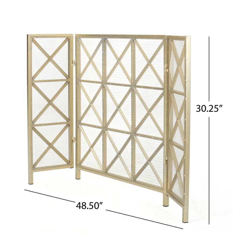 Roomfitters 3-Panel Fireplace Screen, Modern Geometric X-Pattern Metal Spark Guard for Hearth Safety, Folding Cover, Gold