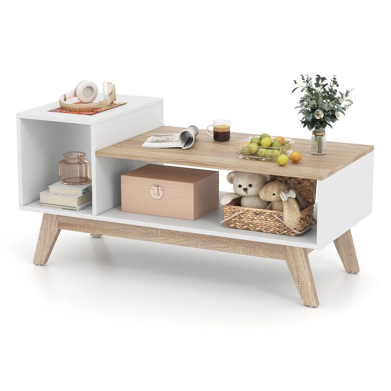 Gymax Coffee Table 43'' Center Table w/ Stepped Tabletop & Storage - White - MDF