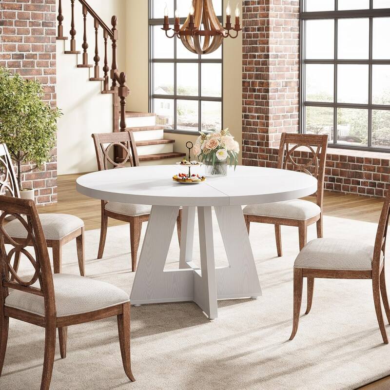 47" Round Wood Dining Table 4-Seater Farmhouse with Wooden Tabletop Cross Base for Dining Room/Kitchen