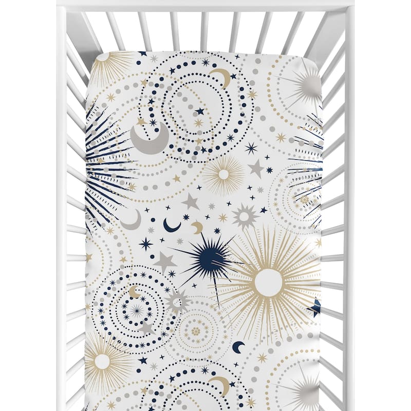 Star and Moon Collection Boy or Girl Fitted Crib Sheet - Navy Blue, Gold, and Grey Celestial Sky Stars Gender Neutral Unisex