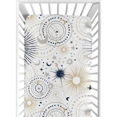 Star and Moon Collection Boy or Girl Fitted Crib Sheet - Navy Blue, Gold, and Grey Celestial Sky Stars Gender Neutral Unisex