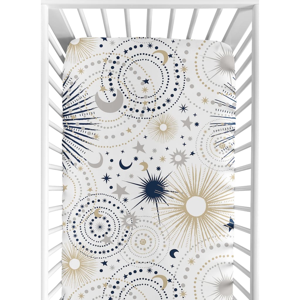 Star and Moon Collection Boy or Girl Fitted Crib Sheet - Navy Blue, Gold, and Grey Celestial Sky Stars Gender Neutral Unisex