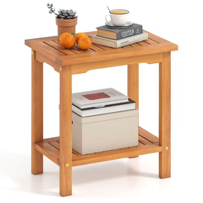 Gymax Outdoor Acacia Wood Side Table 2-Tier Patio End Table w/ Slatted