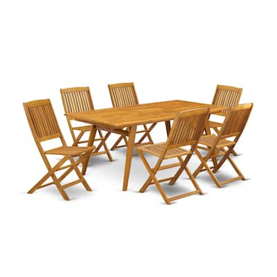 Modern 7-Piece Patio Table Set - Outdoor Dining Set with 6 Folding Chairs - Natural Wood Finish - 72
