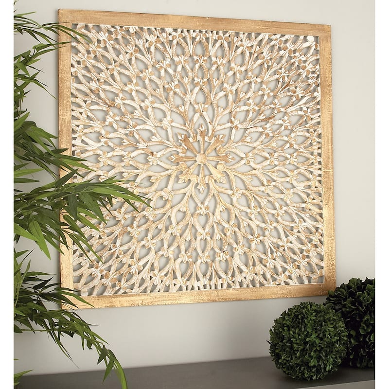 Light Brown Wood Handmade Intricately Carved Floral Home Wall Decor with Mandala Design - Brown