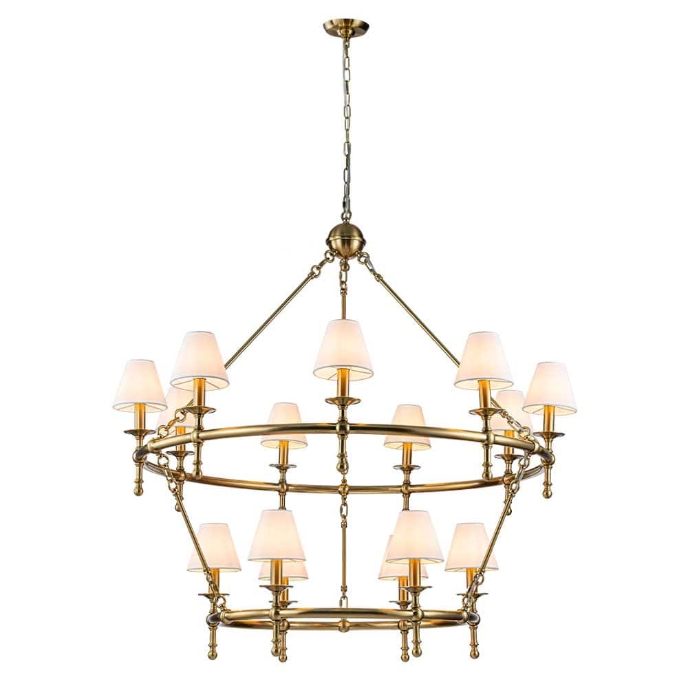 47'' 15-Light Two-Tier Vintage Brass Chandelier with White Fabric Shades for High Ceilings and Large Rooms