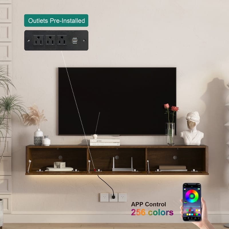 Floating 68" Wall Mounted TV Stand for TVs up to 75", Media Console Table with LED Lights and Power Outlet