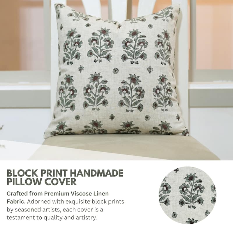 Fabdivine Decorative Floral Pillowcase Handmade Linen Block Print Accent for Sofa Kids Bed Rust Spring Décor, Sadabahar