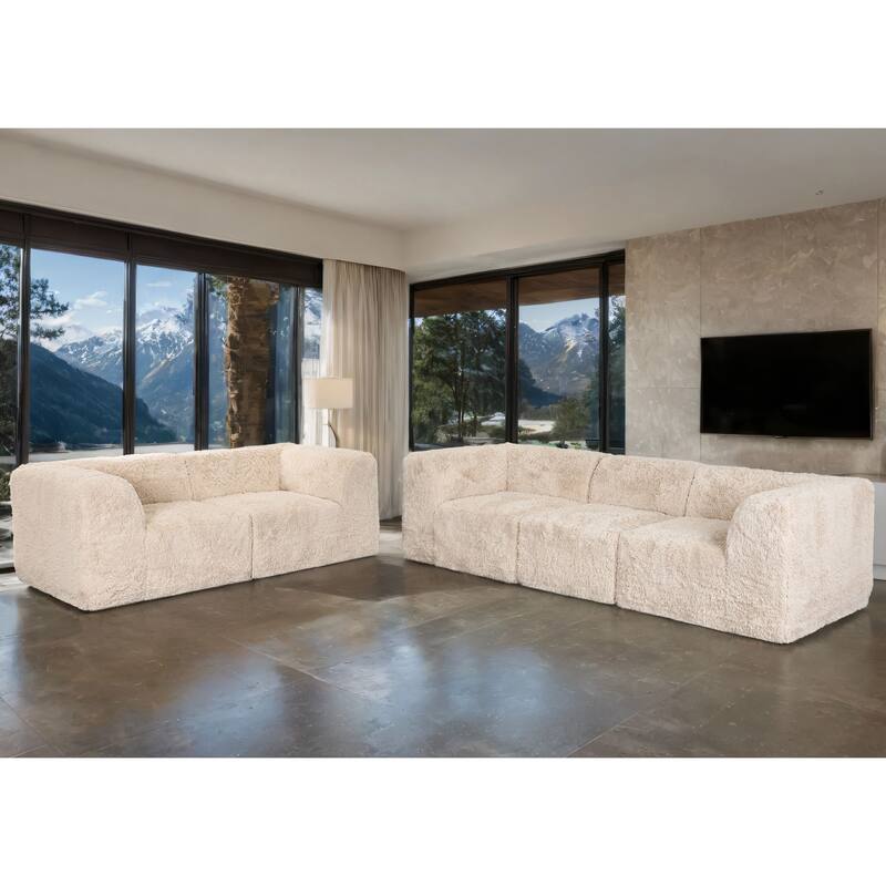 Furniture of America Ylena Modern 5-Piece Faux Fur Foam Modular Compressed Sofa and Loveseat Set - Sand