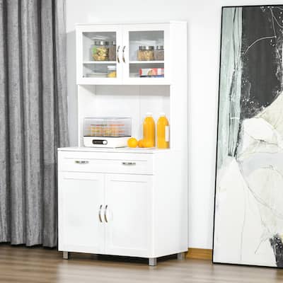 Contemporary White Storage Drawer Cabinet with Glass Doors and Adjustable Shelves for Kitchen - 31.5" W x 19" D x 67" H
