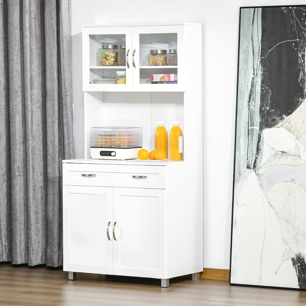 Contemporary White Storage Drawer Cabinet with Glass Doors and Adjustable Shelves for Kitchen - 31.5" W x 19" D x 67" H
