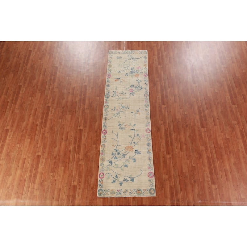 Vegetable Dye Animals Art Deco Runner Rug Hand-Knotted Wool Carpet - 2'9" x 10'3"
