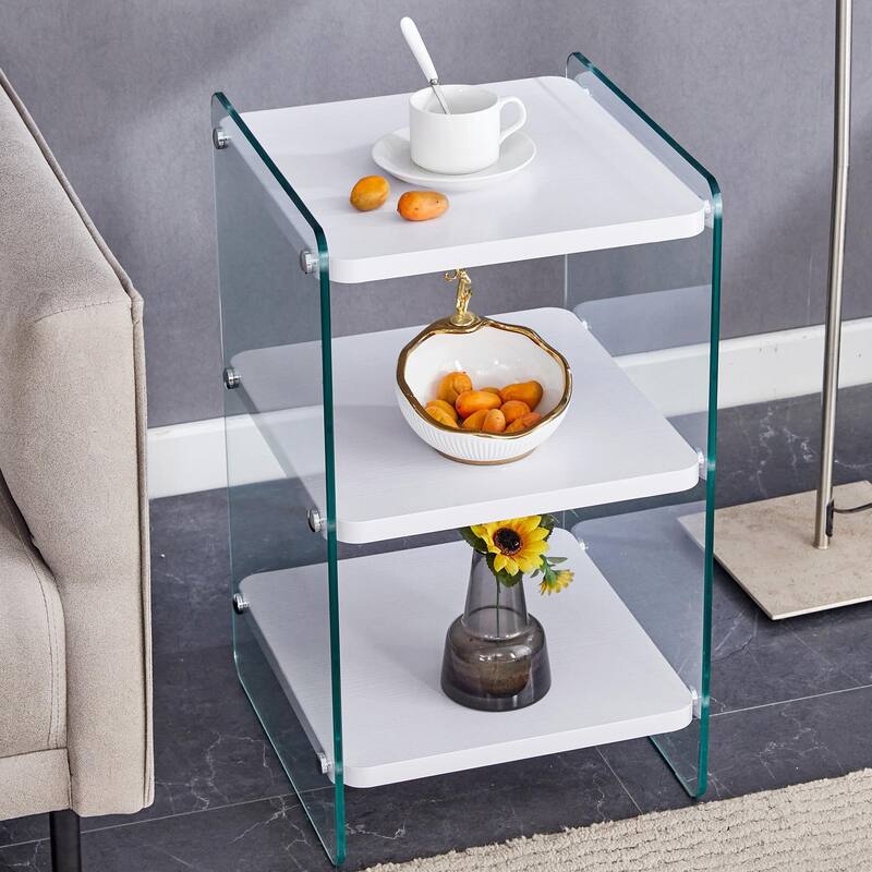3-Tier Glass Bedside Table, Modern Nightstand with Storage