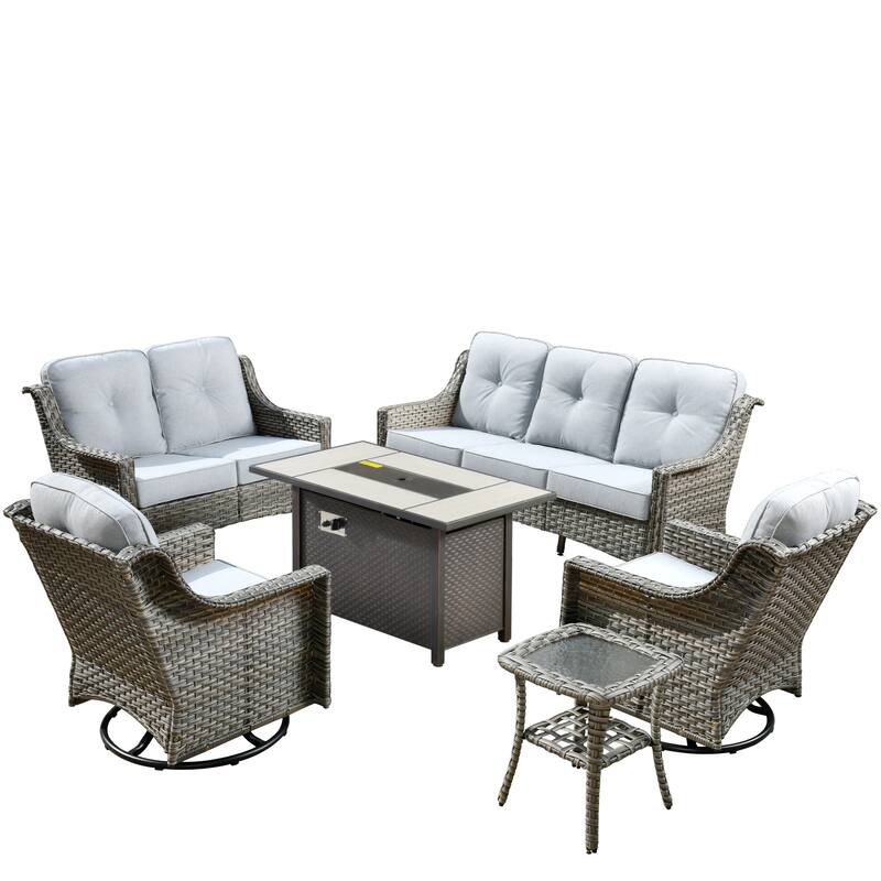 OVIOS 6 Pieces Outdoor Wicker Curved Swivel Chair Set With Fire Table
