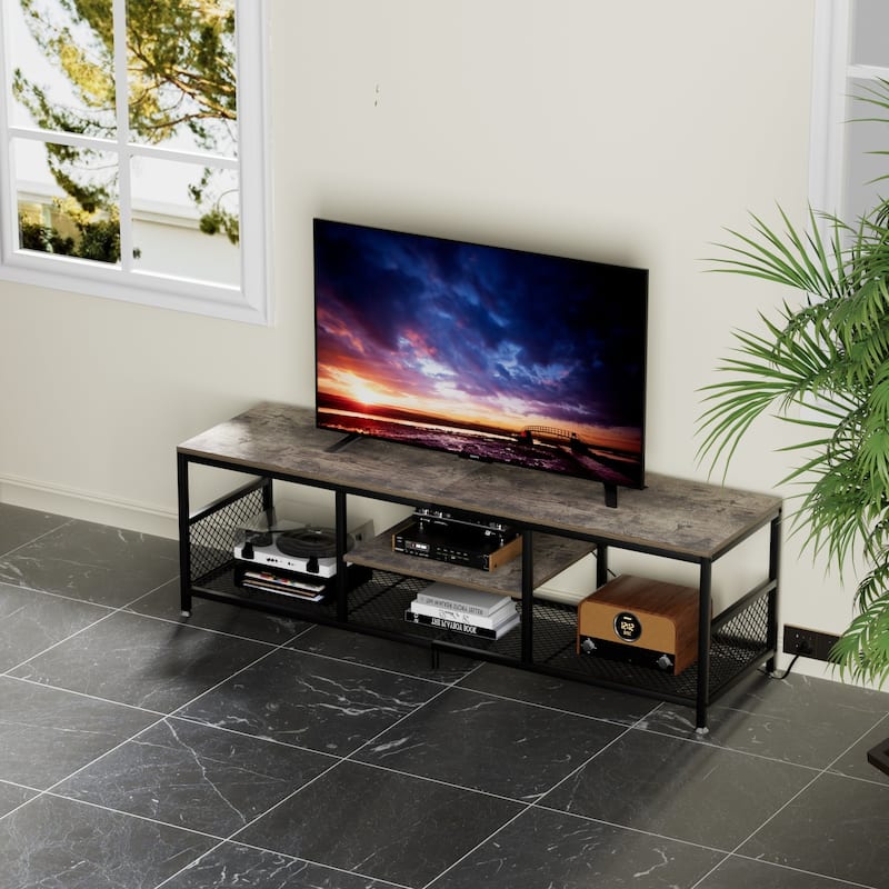 VECELO 55 Inch Grey TV Stand TV Media Console Table Entertainment Center with Power Outlets and Open Storage Shelves