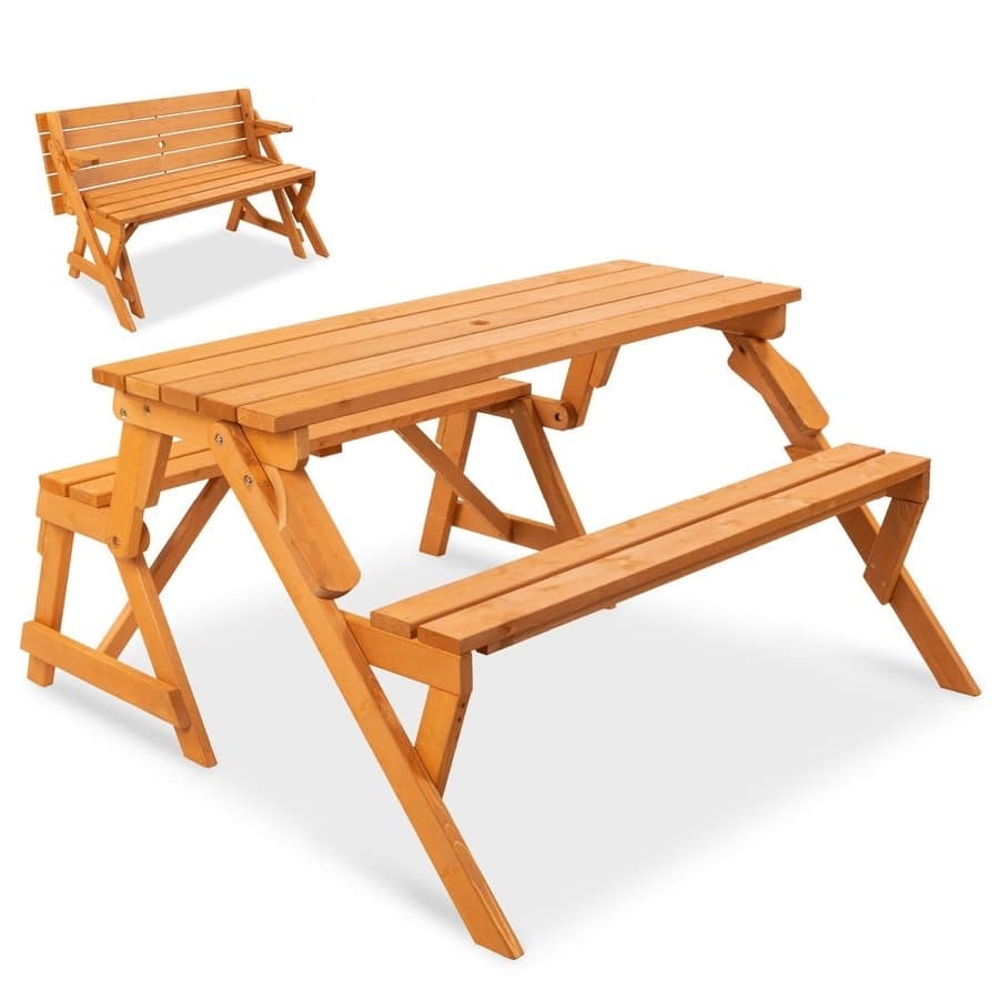 Outdoor Interchangeable 2 in 1 Multi-Use Wooden Picnic Table Garden Bench Umbrella Hole - N/A