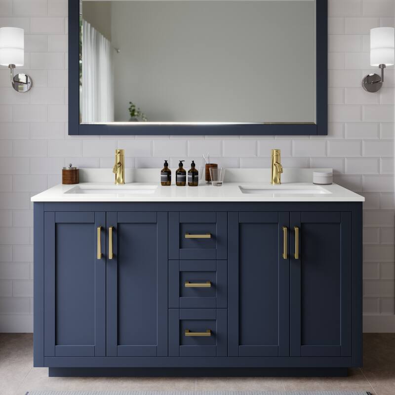 Wyndham Collection WCF292960D-QTZ-UNSM58 Miranda 60" Free Standing - Dark Blue / White Quartz Top / Brushed Gold