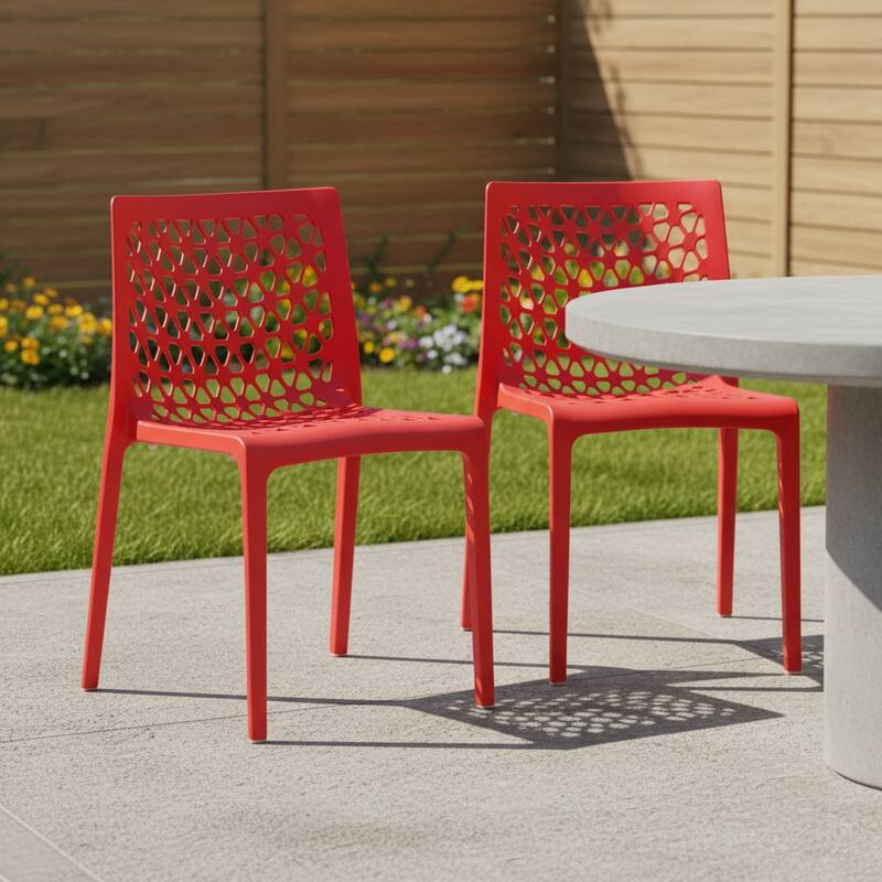 HomeRoots Set of Two Red Heavy Duty Plastic Outdoor Stacking Dining Chairs