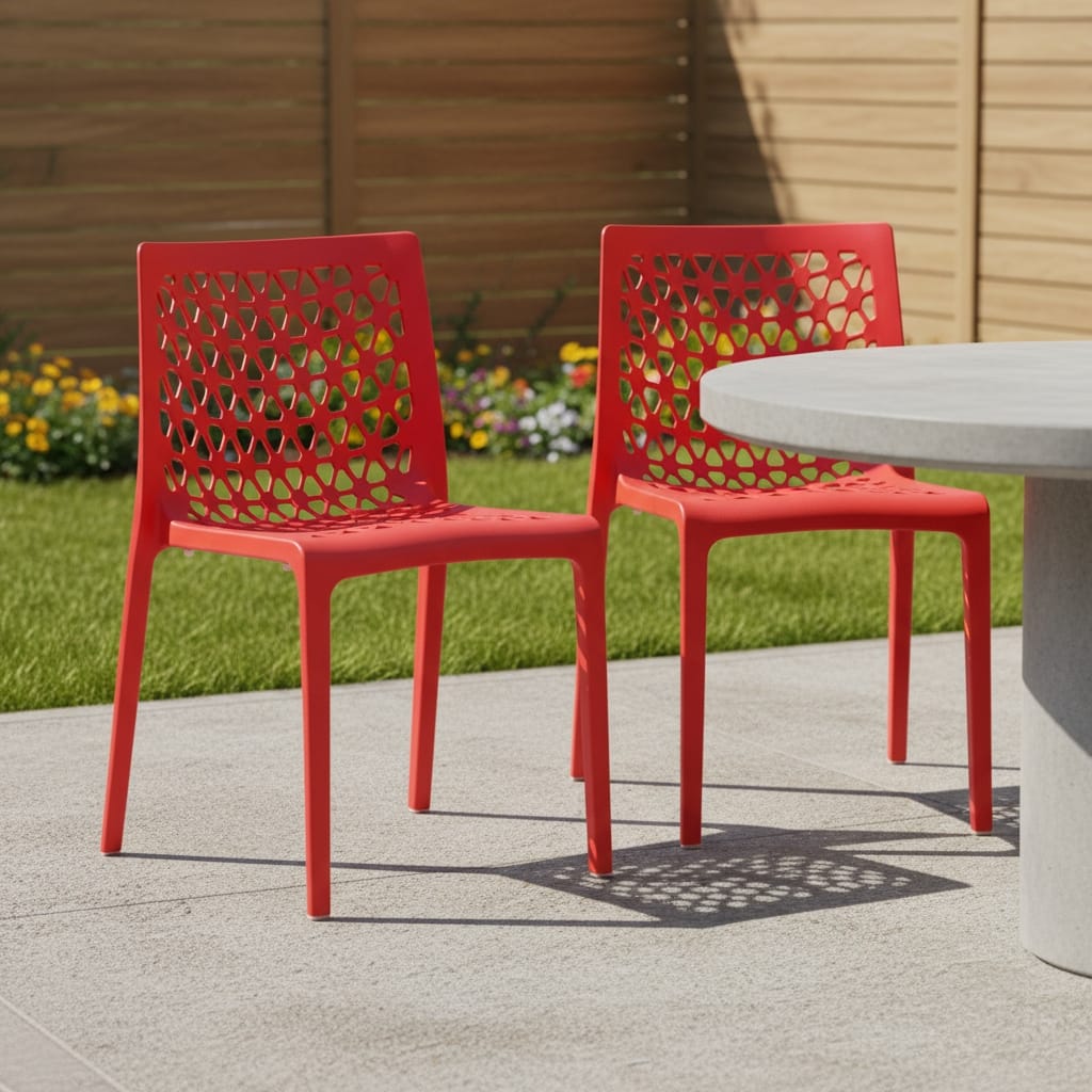 HomeRoots Set of Two Red Heavy Duty Plastic Outdoor Stacking Dining Chairs
