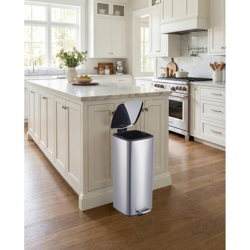 8 Gal / 30L Square Step Trash Can Stainless Steel with Lid and Inner Bucket White