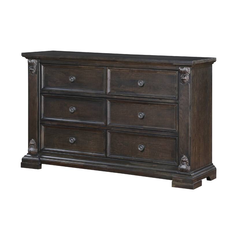Walz 66 Inch Wide Dresser, 6 Drawers, Espresso Brown with Black Knobs