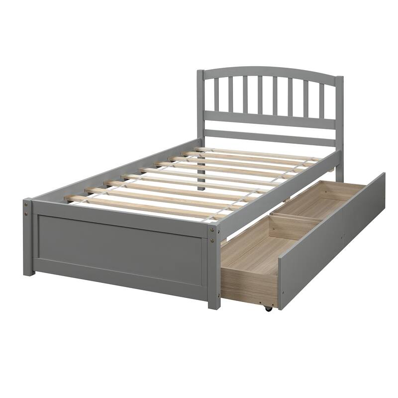 Twin Pine Platform Bed with Drawers & Slat Headboard
