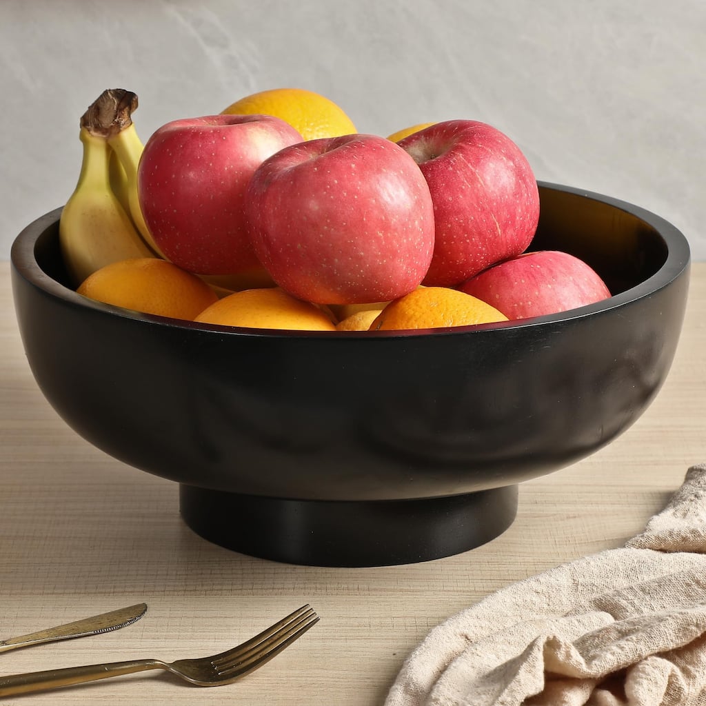 Black Wood Fruit Bowl for Kitchen Counter, 12-inch Diameter Large Wooden Fruit Bowl, Natural Wood
