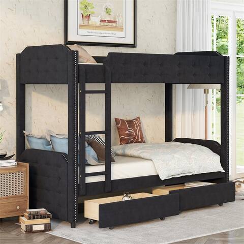 Merax Button-Tufted Twin over Twin Upholstered Bunk Bed with 2 Drawers