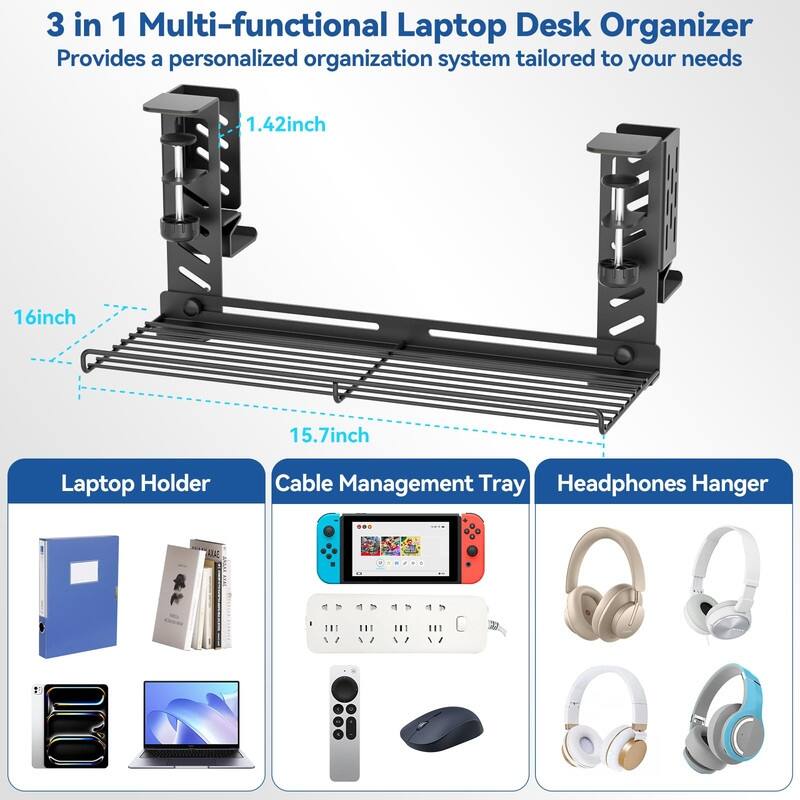 3-in-1 Laptop Stand Holder Storage - 16.26 x 6.81 x 2.52 inches - Black