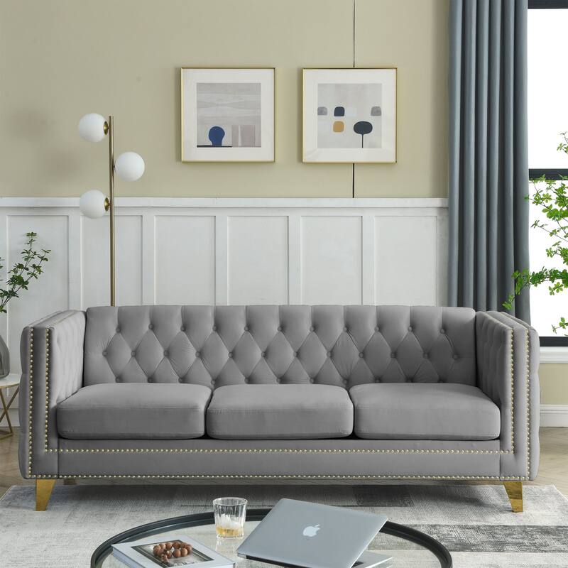 Classic Chesterfield Velvet Sofa Set, 2-Piece Button-Tufted 3-Seater Couch with Nailhead Trim and Metal Legs