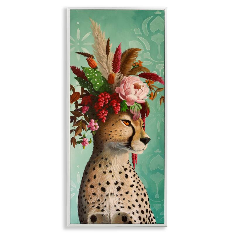 Stupell Elegant Leopard with Flower Arrangement Framed Giclee Art Design By Heather Gauthier - 13 x 30 - White