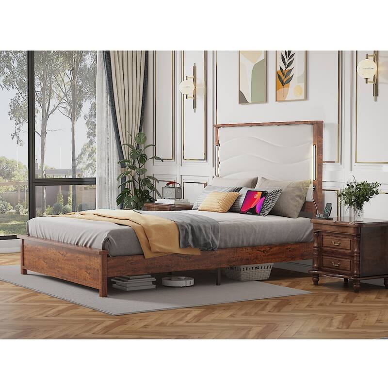 Queen Size Bed Frame with Upholstered Headboard, Charging Station, LED Lights, Wood Slats, No Box Spring Needed, Easy Assembly