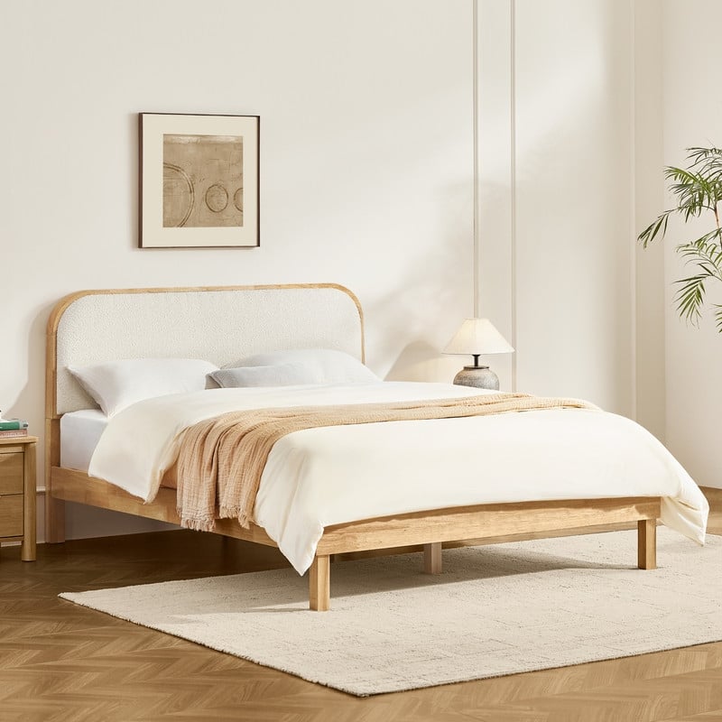 Spruce & Spring Modern Round Boucle Upholstered Platform Bed with Solid Wood Frame