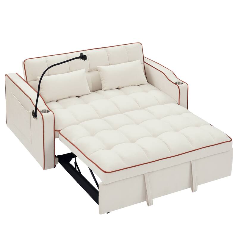 Modern Sofa Velvet Pull-out Bed, Adjustable Back and with USB Port