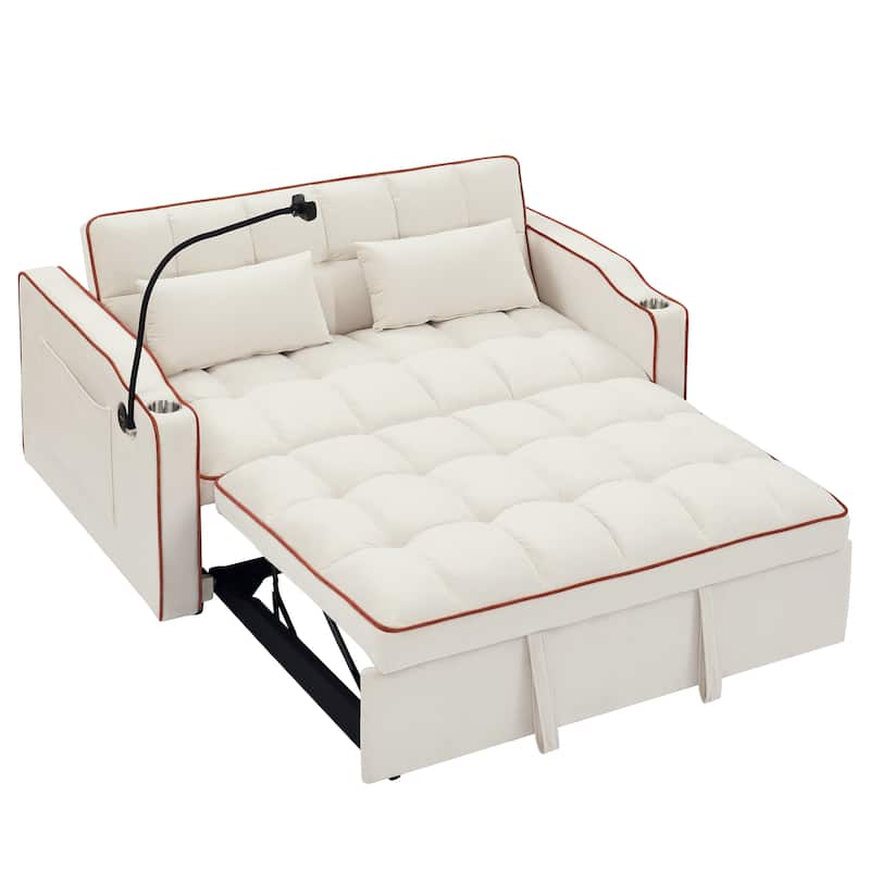 Small Folding Loveseat Sofa Bed with Adjustable Backrest, 55.5" Velvet Pull-Out Couch with USB Charging Port, Phone Holder