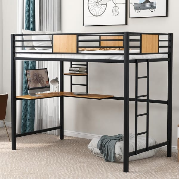 slide 2 of 9, Contemporary, Elegant and Concise Twin Metal Loft Bed with Headboard and Footboard, Desk and Shelve,Black Black - Twin