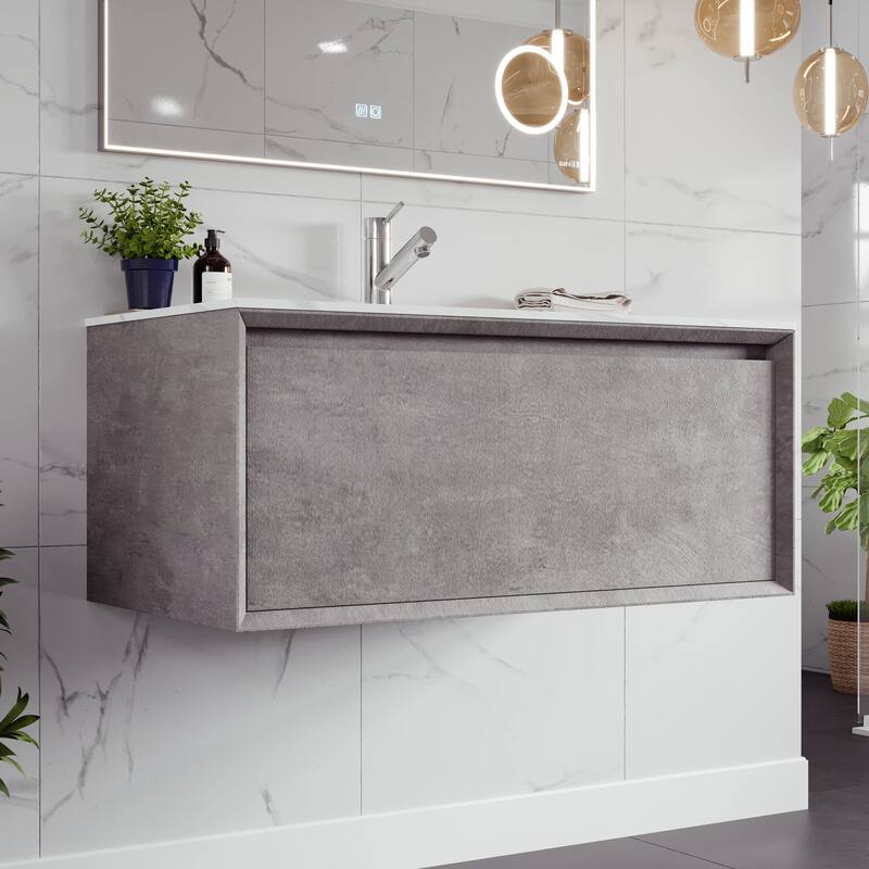 Eviva Aurora 36" Concrete Gray Wall Mount Bath Vanity with Carrara Quartz Top