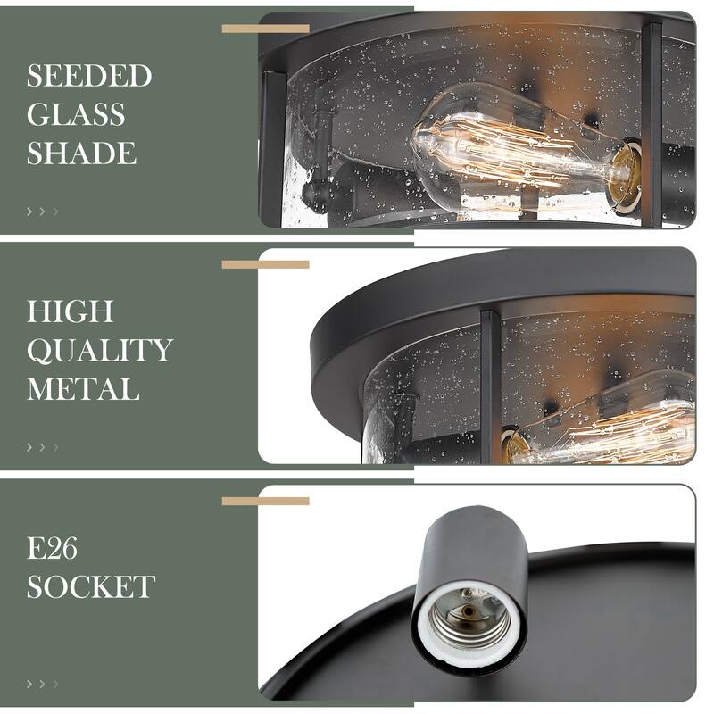 2 Light Flush Mount Ceiling Light Matte Black Finish with Seeded Glass - 12" x 12" x 5.6"(L x W x H)