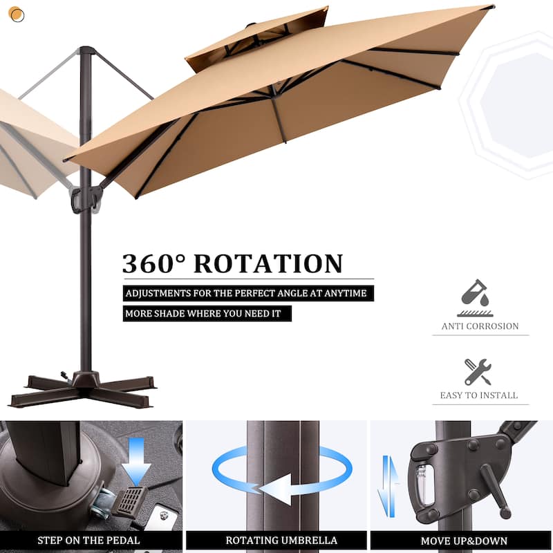 10 ft Square Patio Cantilever-Offset Umbrella 360 Degree Rotation with Offset Base