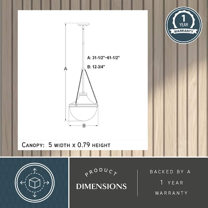 VAXCEL Lincoln 1-Light 12.75 in. Wide Globe Mini Pendant with White Milk Glass Shade, Adj Height Hanging Ceiling Fixture