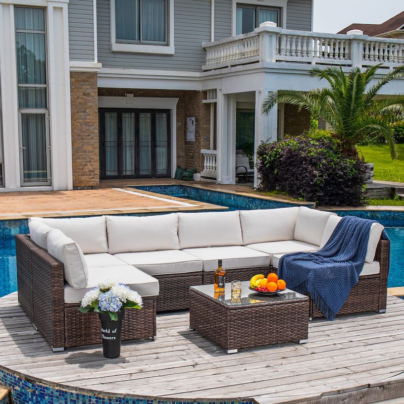 COSIEST 7-Piece Outdoor Patio Sectional Wicker Sofa With Coffee Table