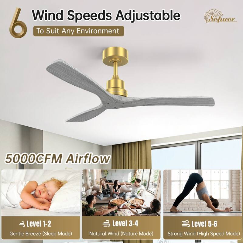 Sofucor 48/52 Inch Ceiling Fan with Light, Solid Wood Blades for Living Room, Bedroom,Smart Optional